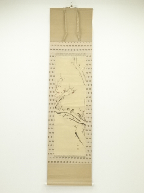 JAPANESE HANGING SCROLL / HAND PAINTED / UME & SPARROW 